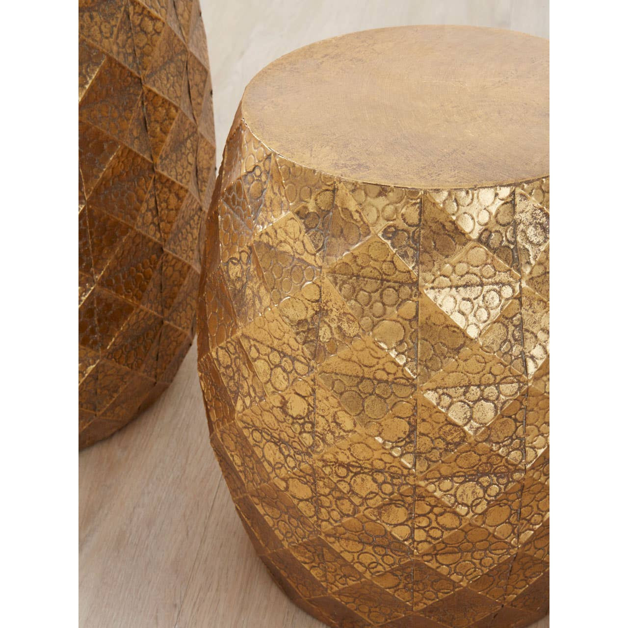 Set of 2 Antique Gold Finish Textured Stools and Tables