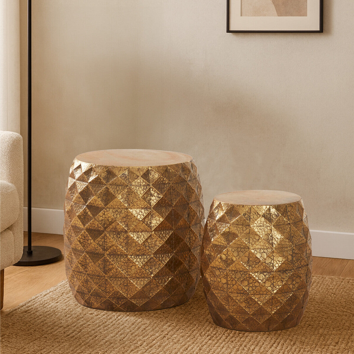 Set of 2 Antique Gold Finish Textured Stools and Tables