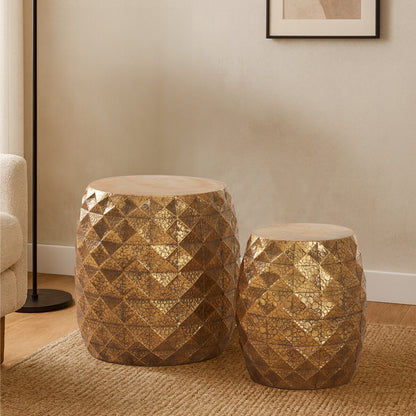 Set of 2 Antique Gold Finish Textured Stools and Tables