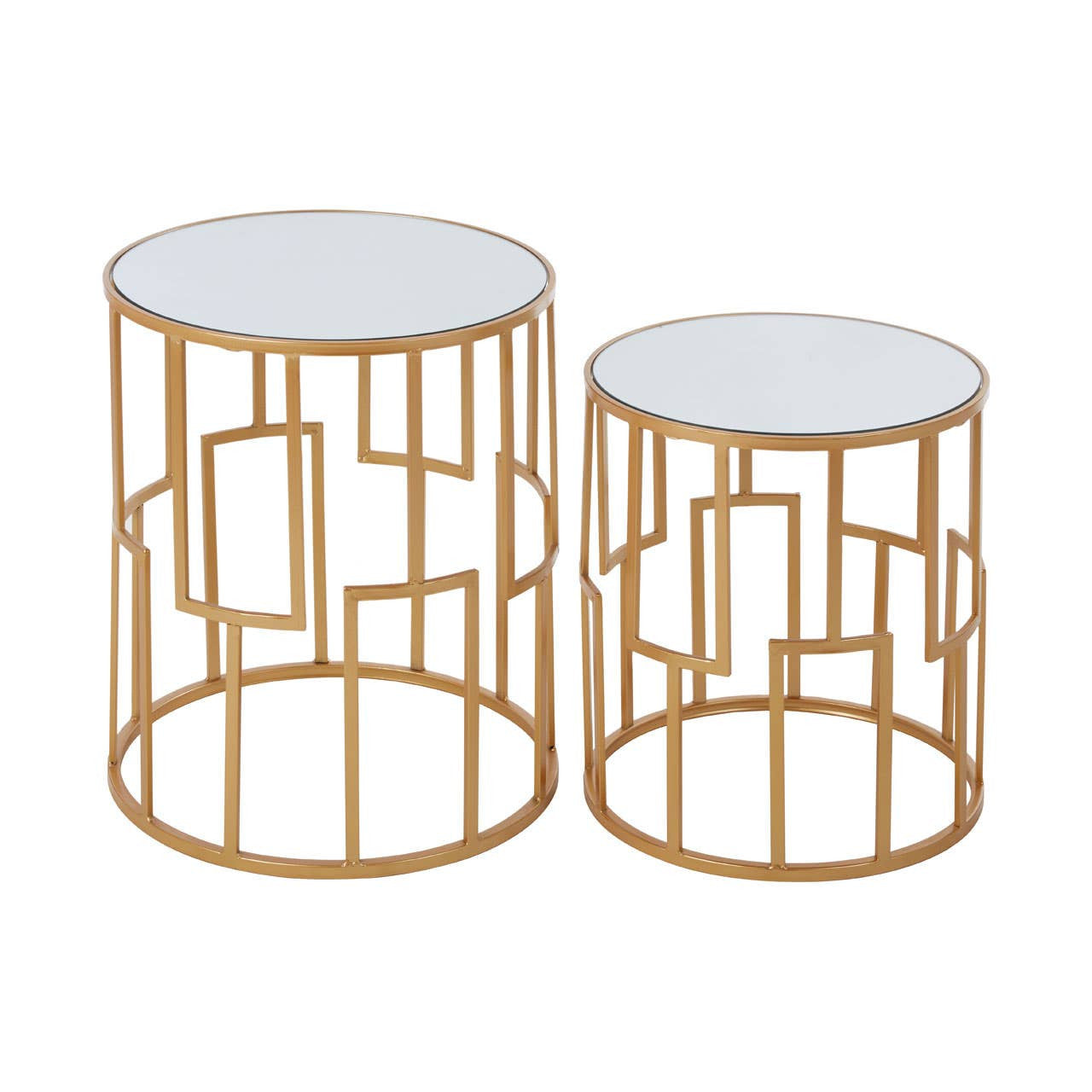 set of 2 round side tables in gold metal frame with mirrored top