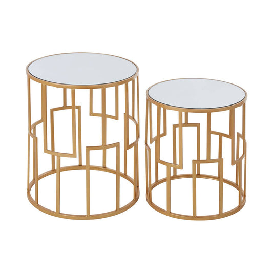 set of 2 round side tables in gold metal frame with mirrored top