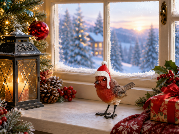 Christmas Robin statue with Santa hat