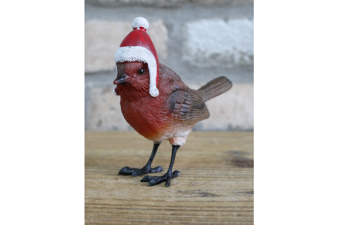 Christmas Robin statue with Santa hat