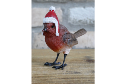 Christmas Robin statue with Santa hat