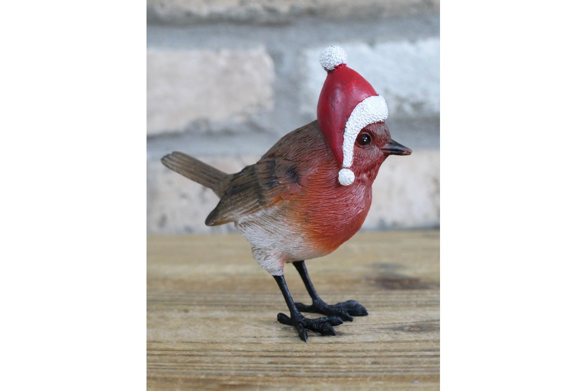 Christmas Robin statue with Santa hat