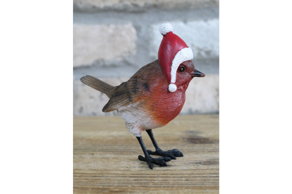 Christmas Robin statue with Santa hat
