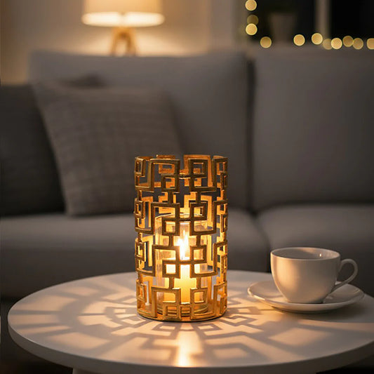 Small Gold Hurricane Candle Holder geo design