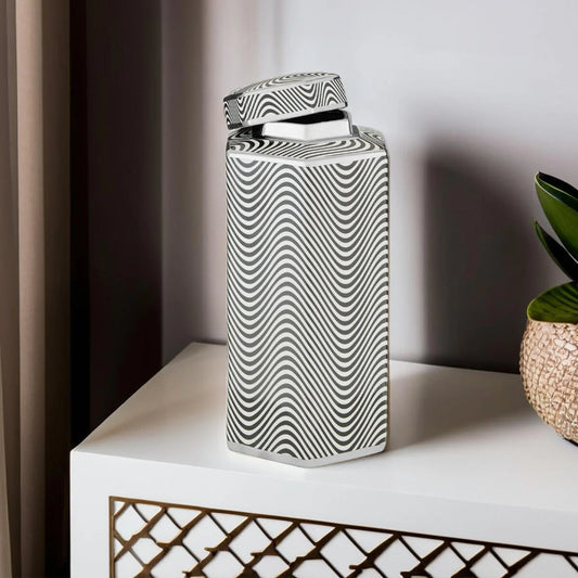 Large Ceramic ginger Jar black and white with silver detail