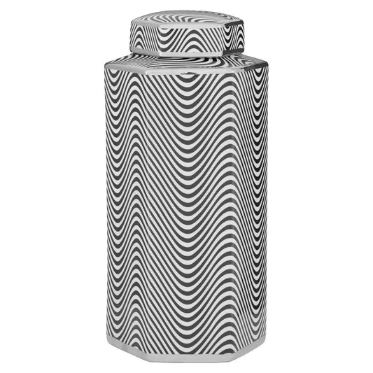 Small Ceramic ginger Jar black and white with silver detail