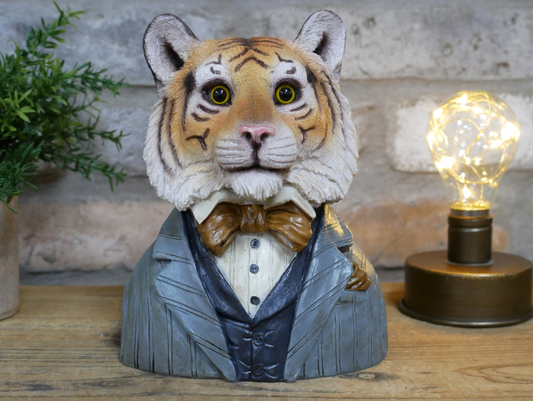 Tiger bust with bow tie statue