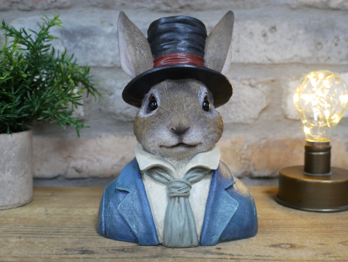 Rabbit bust with top hat statue
