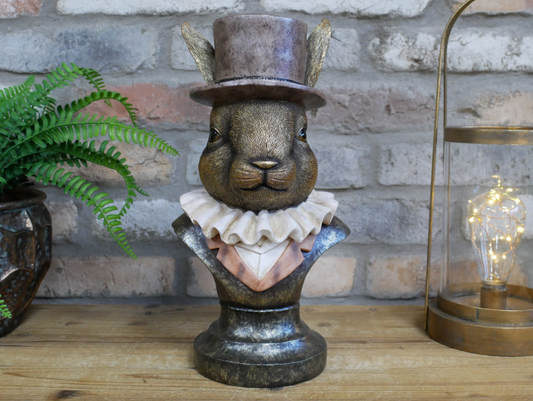 Rabbit bust with top hat, quirky homeware statue