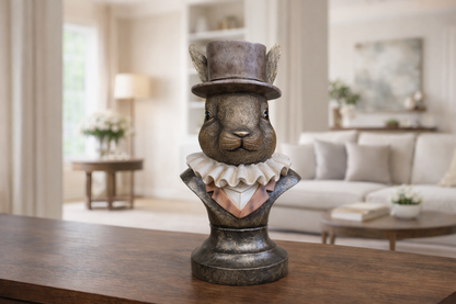 Rabbit bust with top hat, quirky homeware statue
