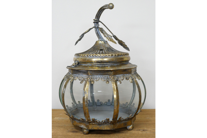 Leaf design round shape lantern candle holder in antique gold and glass