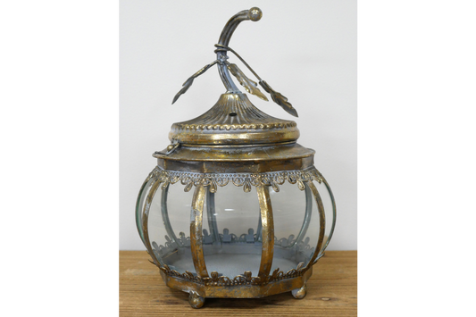 Leaf design round shape lantern candle holder in antique gold and glass