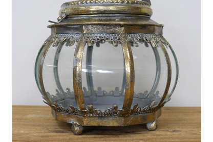 Leaf design round shape lantern candle holder in antique gold and glass