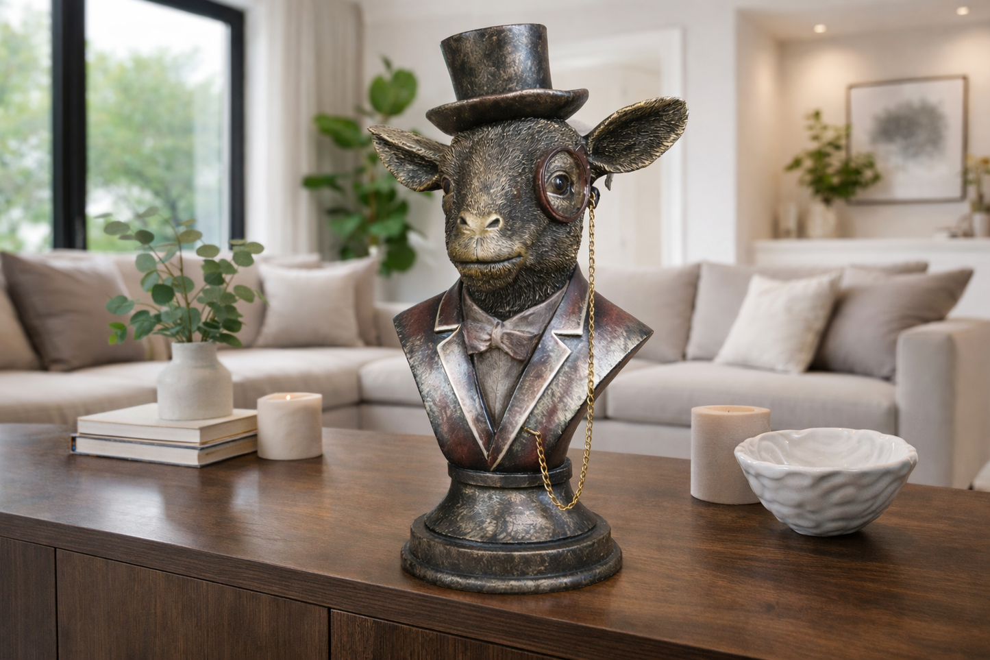 Gentlemen Goat bust with top hat statue home accessorie