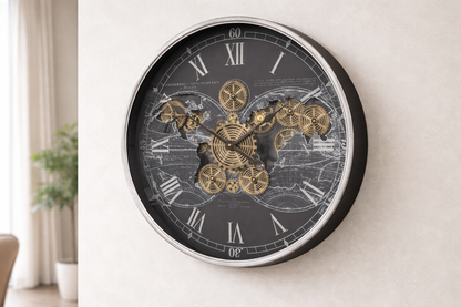 Large wall clock with moving cog detail home decor