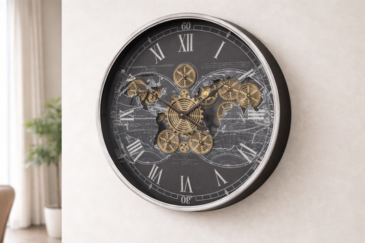 Large wall clock with moving cog detail home decor