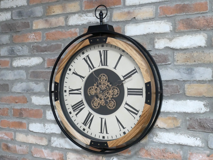 Wooden frame wall clock with moving cog detail