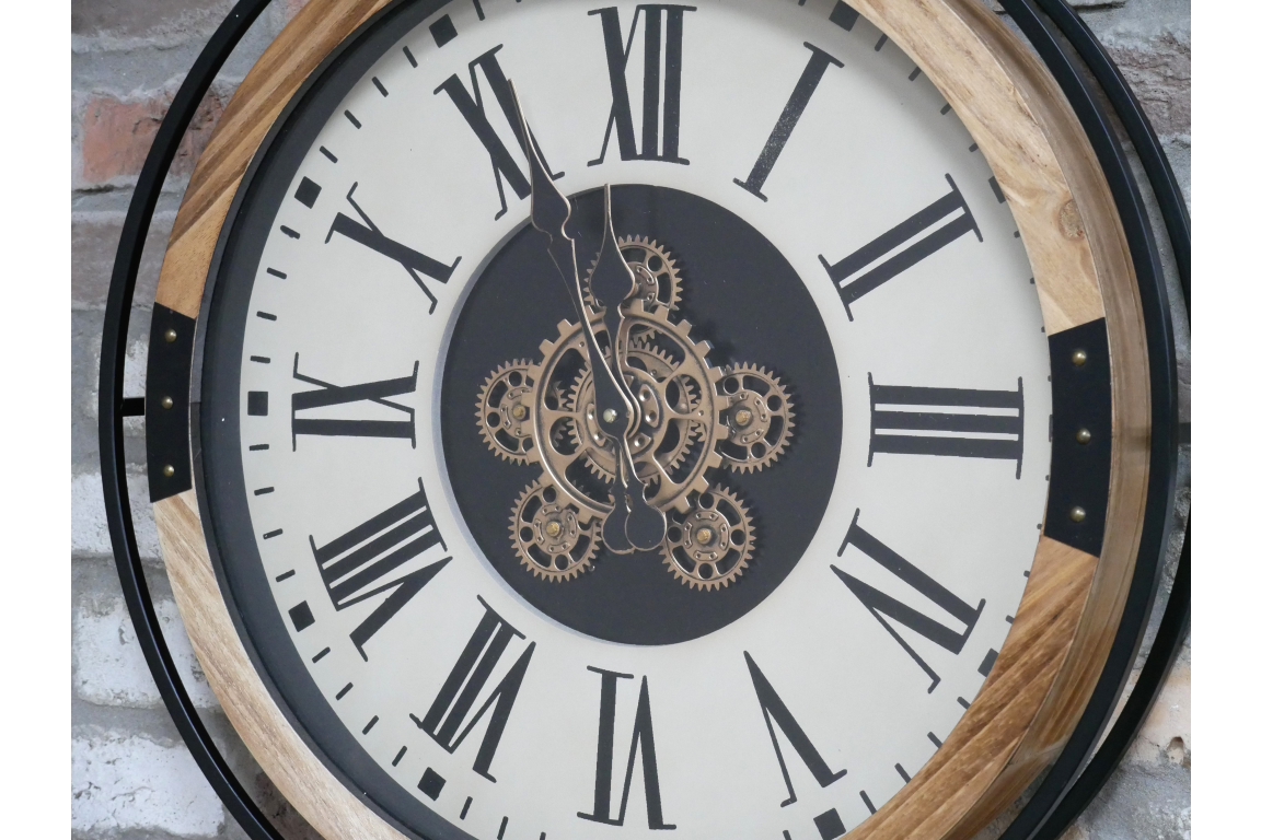 Wooden frame wall clock with moving cog detail