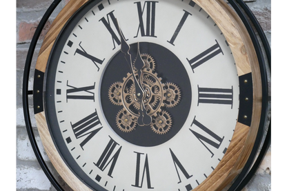 Wooden frame wall clock with moving cog detail