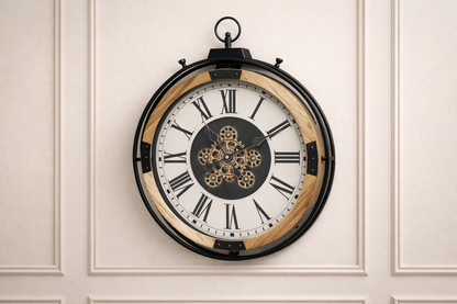 Wooden frame wall clock with moving cog detail