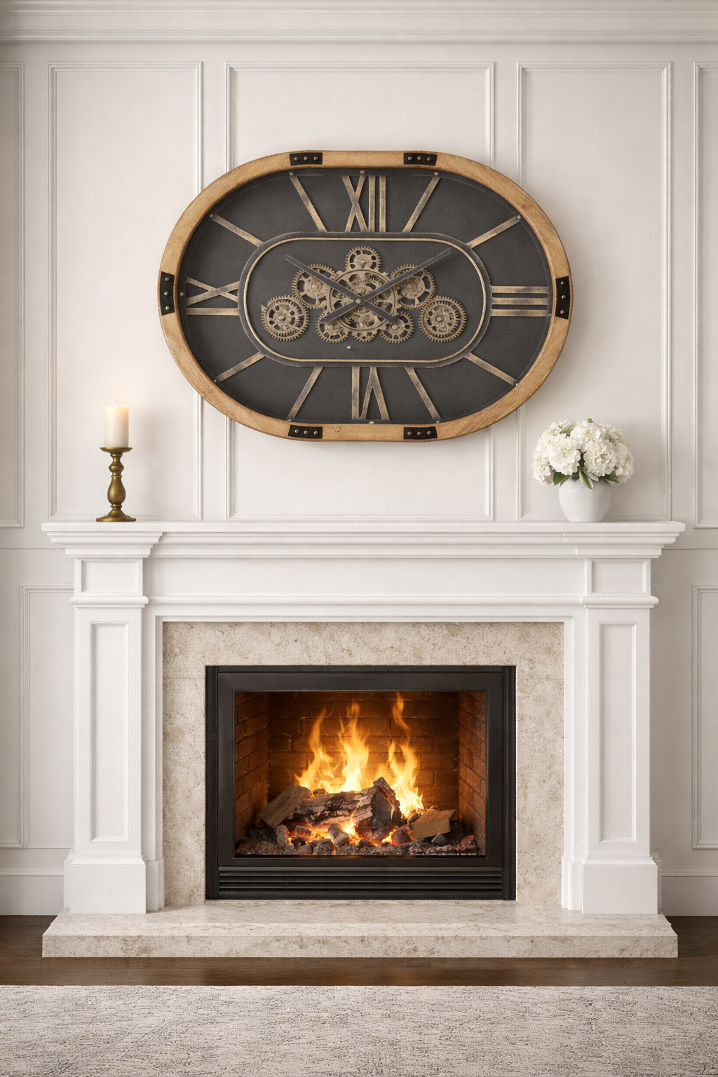 Moving cog clock wooden frame oval shape .