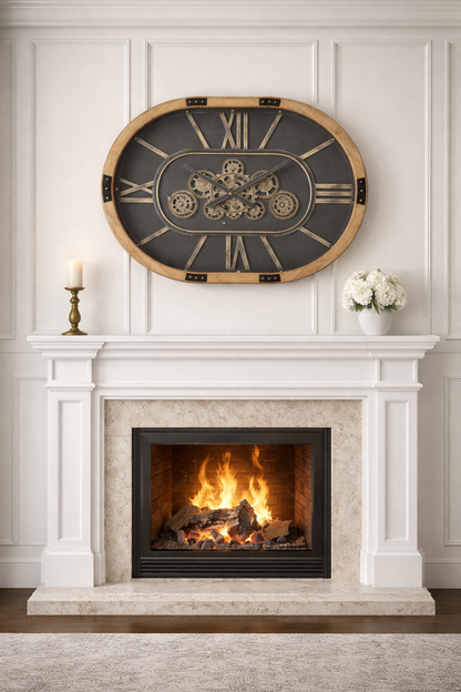 Moving cog clock wooden frame oval shape .