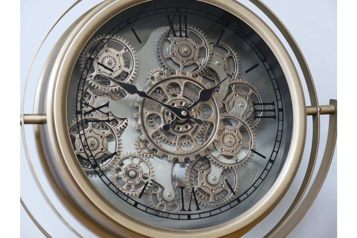 Large gold clock moving cog detail and tri pod design