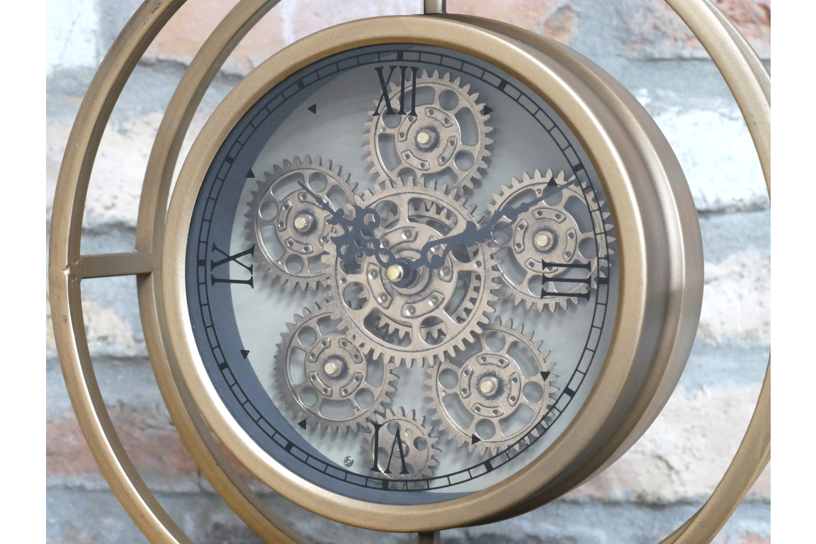 Round gold clock with moving cog detail