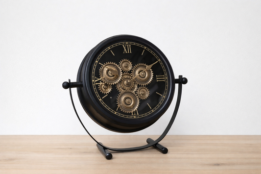 Black and gold moving cog detail clock