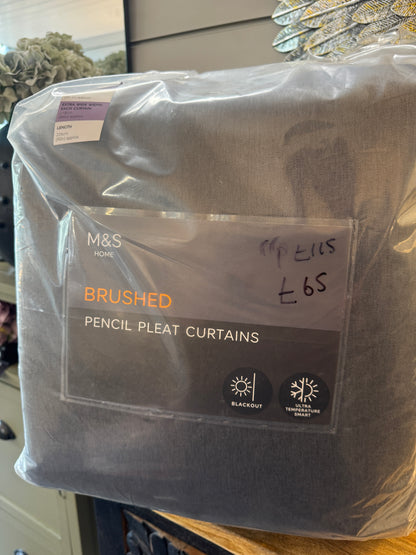 Marks and Spencer Charcoal Grey ultra Smart Temperature Blackout Brushed Pencil Pleat curtains  86 x 90 inch