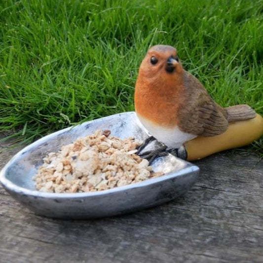 Robin bird feeder on a trowel outdoor item for the garden