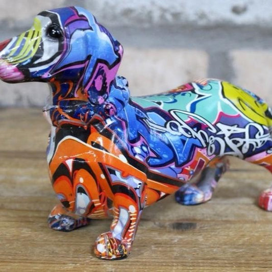 Mini sausage dog statue graffiti style