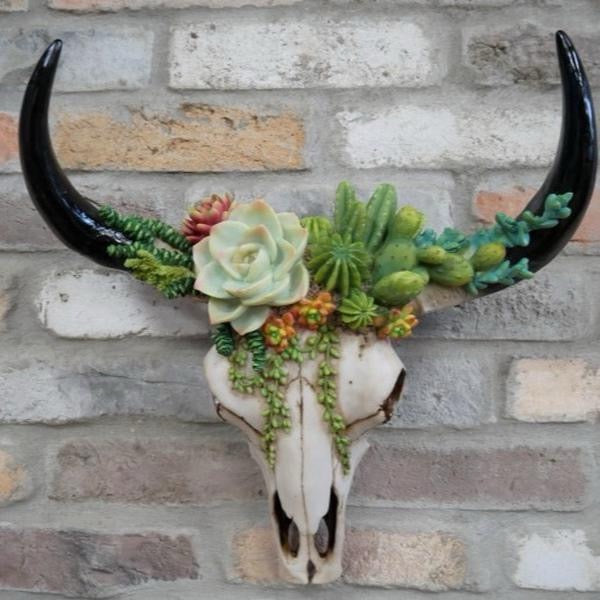 Large Decorate Ram Head Wall Bust with Green Plants Designs for Your Wall - Unique Home Decor Piece Featuring Succulents and Cactus