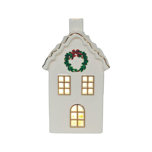 Large White & Gold LED Christmas House – 10 × 24cm