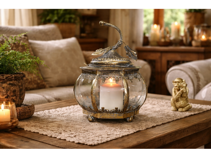 Smal Leaf design round shape lantern candle holder in antique gold and glass