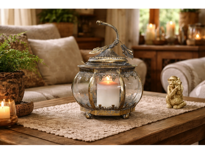 Smal Leaf design round shape lantern candle holder in antique gold and glass