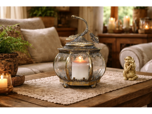 Smal Leaf design round shape lantern candle holder in antique gold and glass
