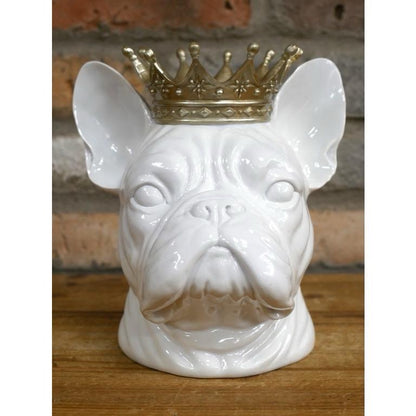 White French Bulldog Ceramic Figurine with Gold Crown