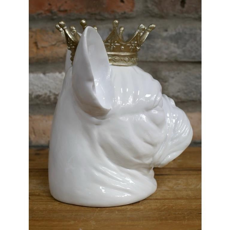 White French Bulldog Ceramic Figurine with Gold Crown