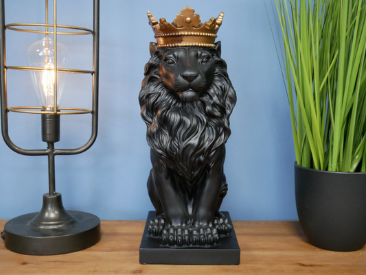 Black lion statue with gold crown home decor