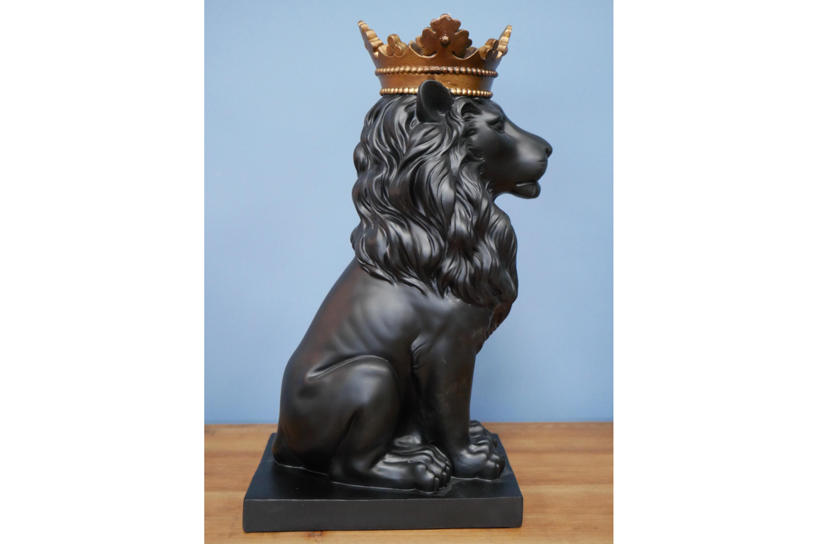 Black lion statue with gold crown home decor