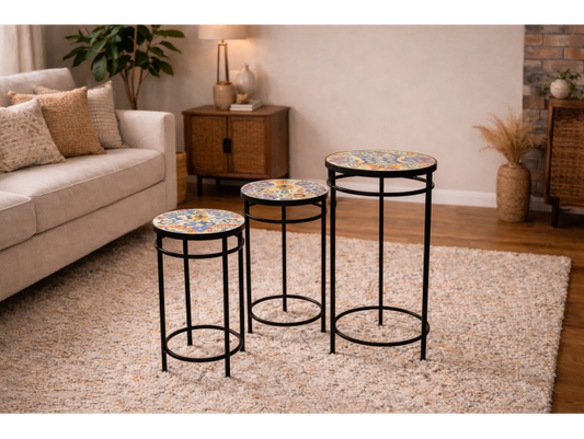 Set 3 tables mosaic top with blue and yellow tiles