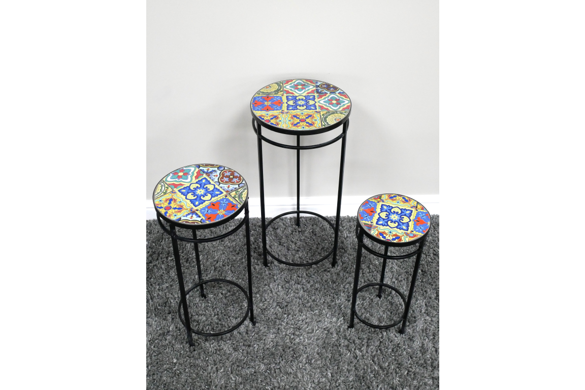 Set 3 tables mosaic top with blue and yellow tiles