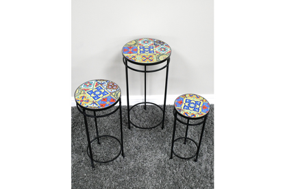 Set 3 tables mosaic top with blue and yellow tiles