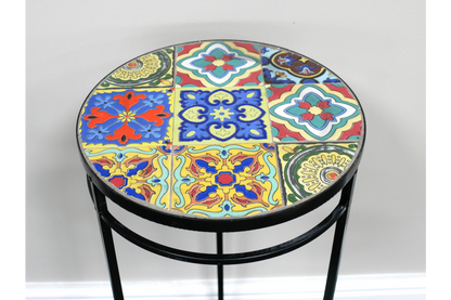 Set 3 tables mosaic top with blue and yellow tiles