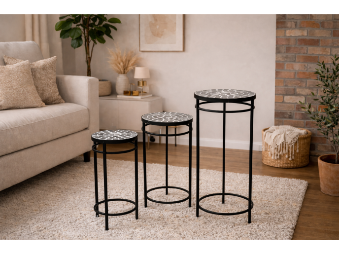 Set 3 tables mosaic top with black and white tiles