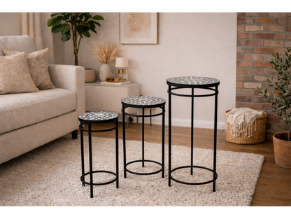 Set 3 tables mosaic top with black and white tiles